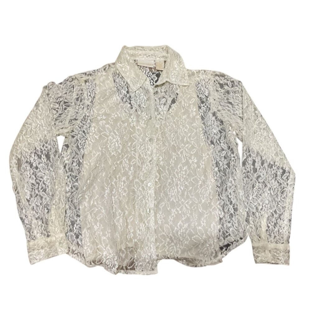 Christie & Jill Cream Ivory Lace Button-Up Blouse Size L Polyester/Nylon Womens